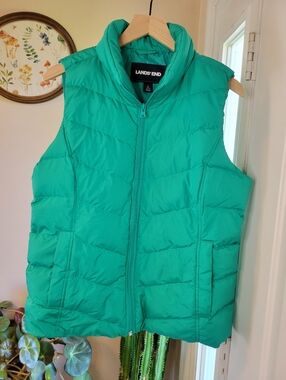 Lands' End Women's Down Puffer Bright Green Quilted Zip Up Vest, Size Womens L